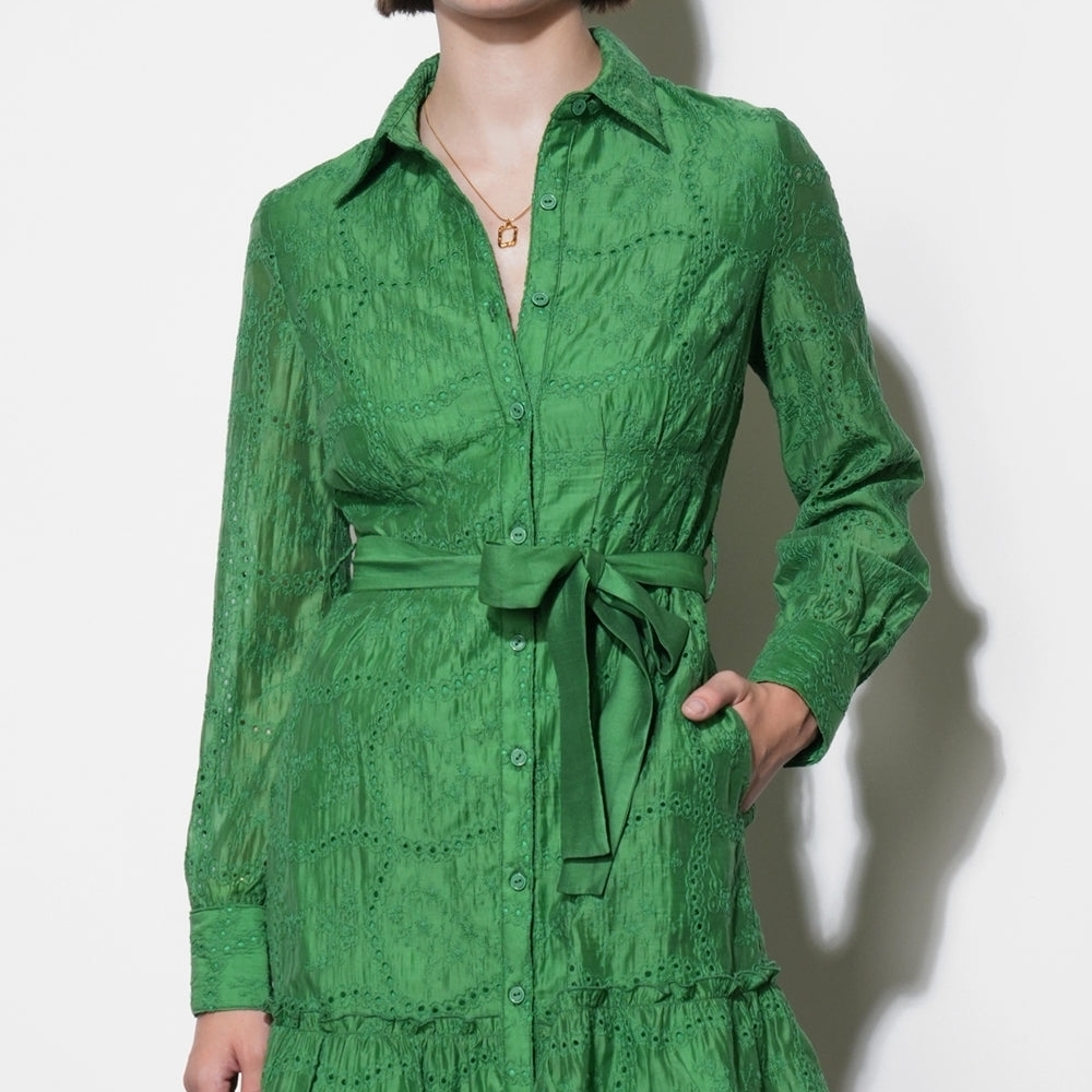 Greylin Green Eyelet Shirt Dress with Tie Waist - Picture 3 of 4